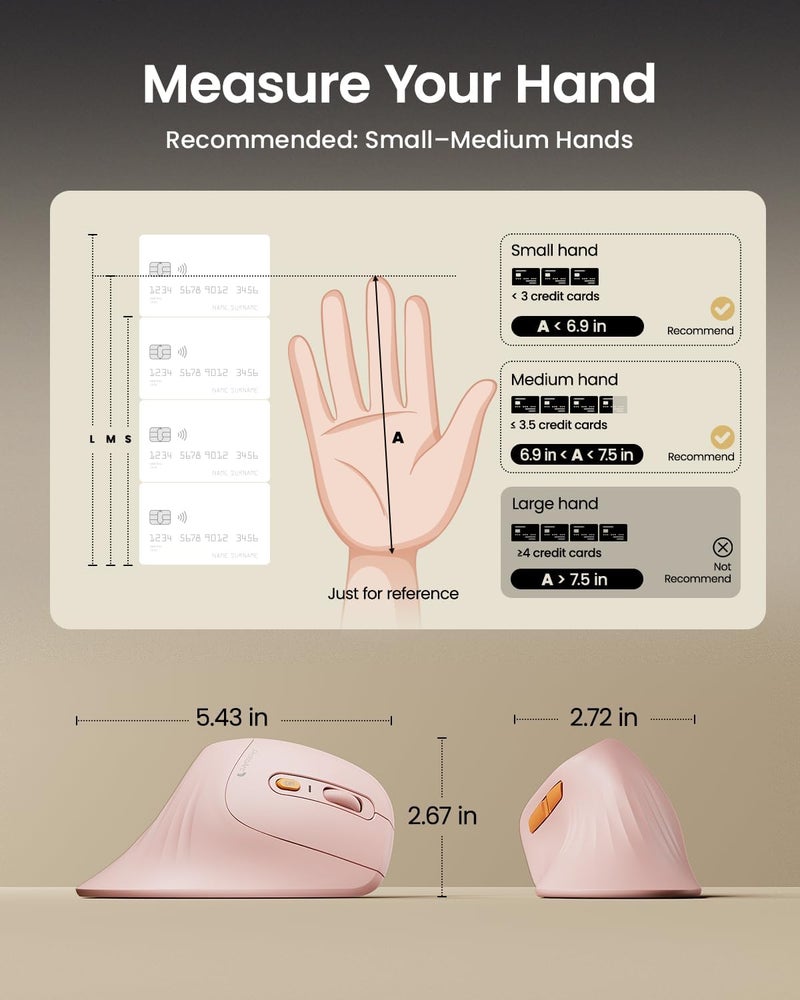 ProtoArc فأرة عمودية مريحة، EM11 NL فأرة لاسلكية قابلة لإعادة الشحن بلوتوث، فأرة مريحة مع 3 أجهزة متعددة للكمبيوتر/المحمول/اللابتوب، 2.4GHz فأرة بصرية لنظام ويندوز، ماك أو إس، وردي - Image 5